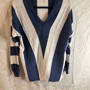 Navy and White V-Neck Women's Sweater